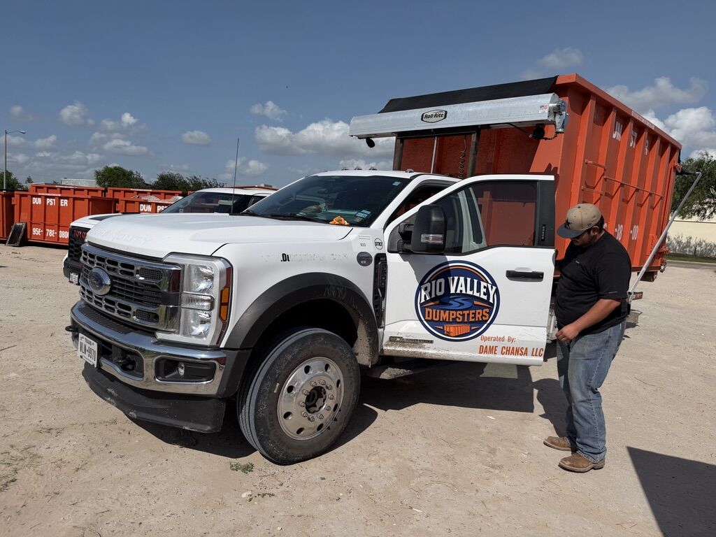 Rio Valley Dumpsters roll-off truck and driver — locally owned dumpster rental in the Rio Grande Valley